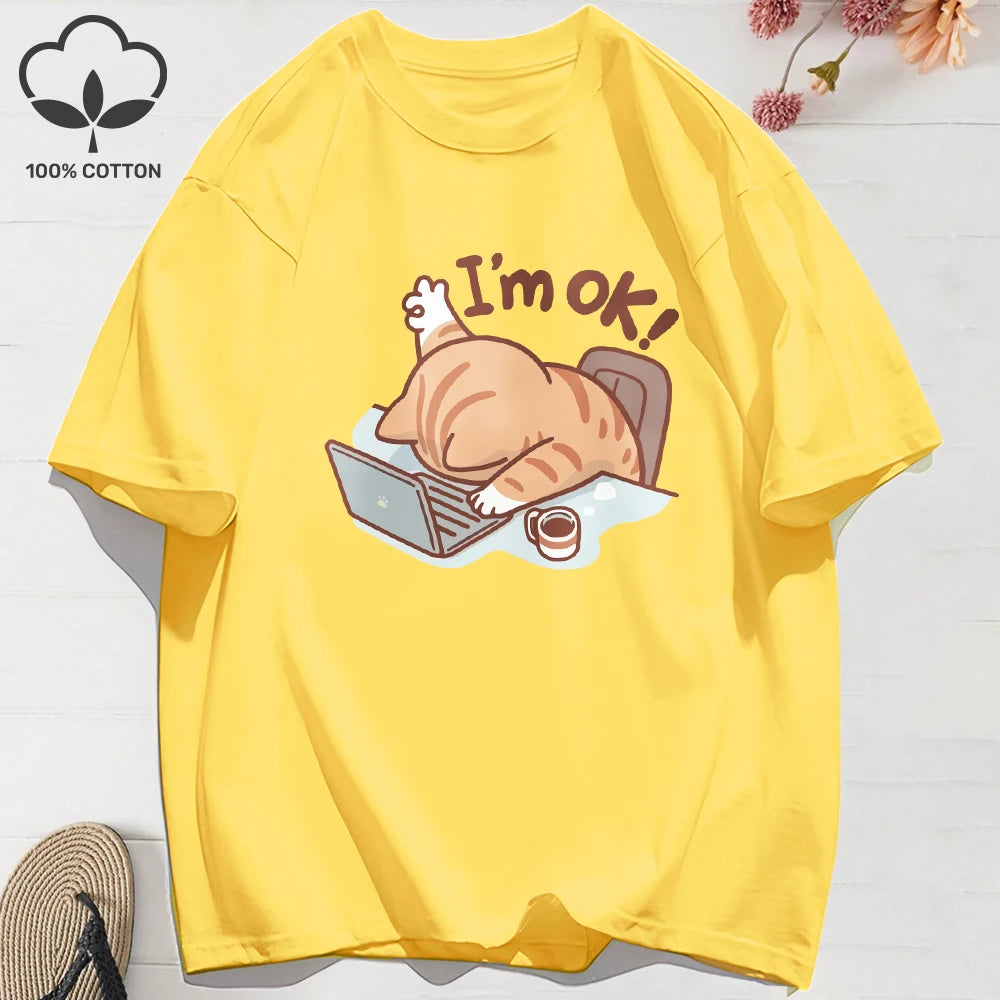 Patexy™ 100% Cotton Womens Summer T-Shirts Fun Cat "I'M Ok"