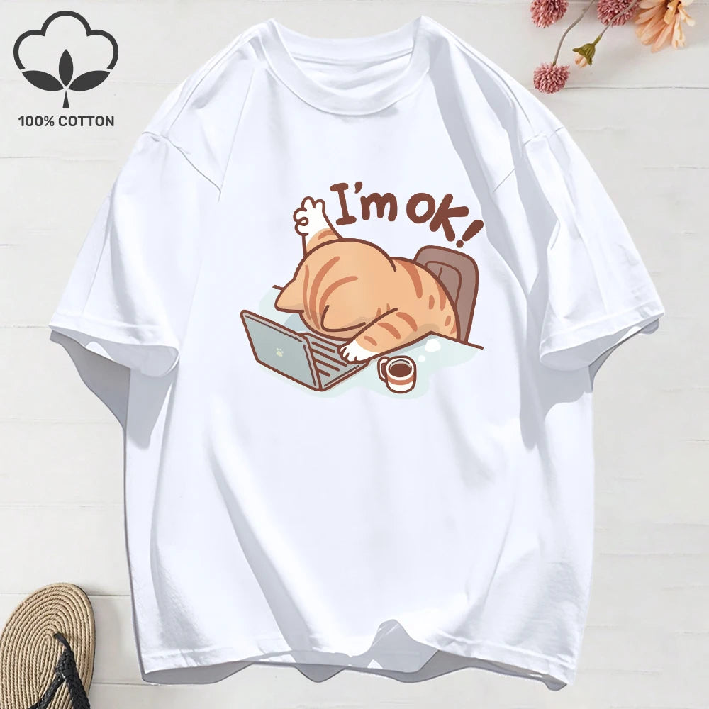 Patexy™ 100% Cotton Womens Summer T-Shirts Fun Cat "I'M Ok"