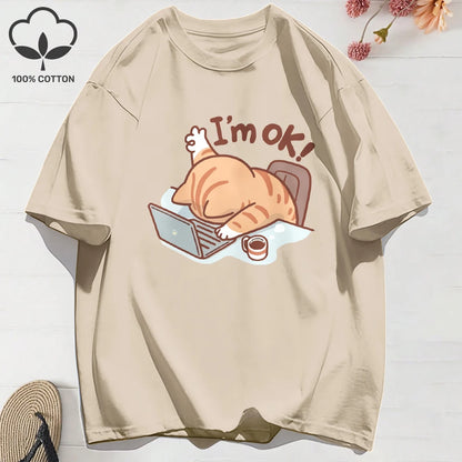 Patexy™ 100% Cotton Womens Summer T-Shirts Fun Cat "I'M Ok"