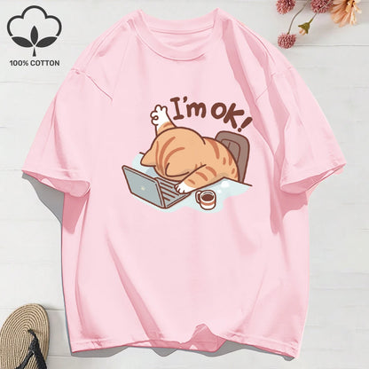 Patexy™ 100% Cotton Womens Summer T-Shirts Fun Cat "I'M Ok"
