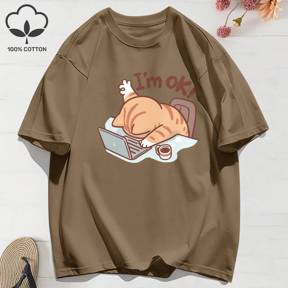 Patexy™ 100% Cotton Womens Summer T-Shirts Fun Cat "I'M Ok"