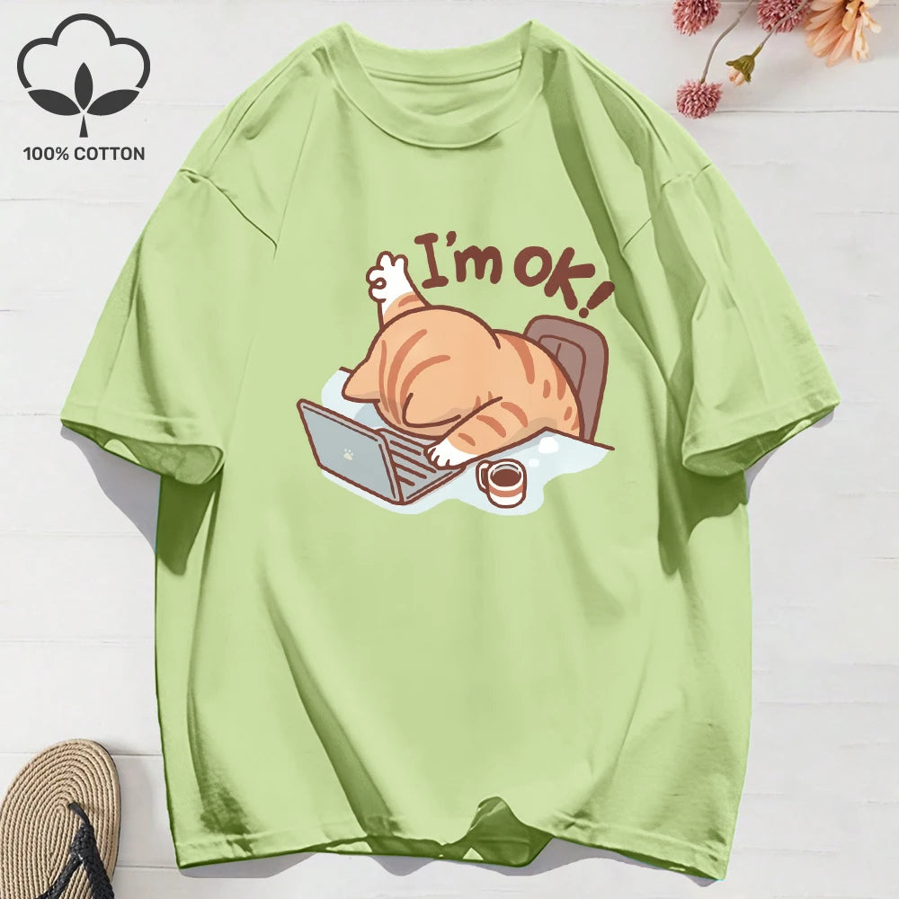 Patexy™ 100% Cotton Womens Summer T-Shirts Fun Cat "I'M Ok"