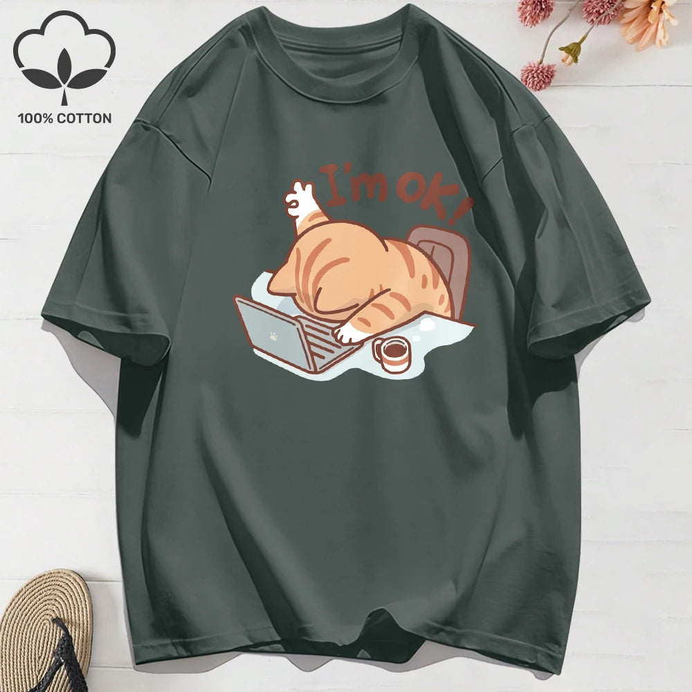 Patexy™ 100% Cotton Womens Summer T-Shirts Fun Cat "I'M Ok"