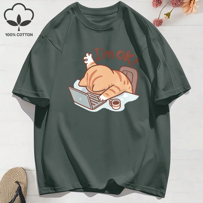 Patexy™ 100% Cotton Womens Summer T-Shirts Fun Cat "I'M Ok"