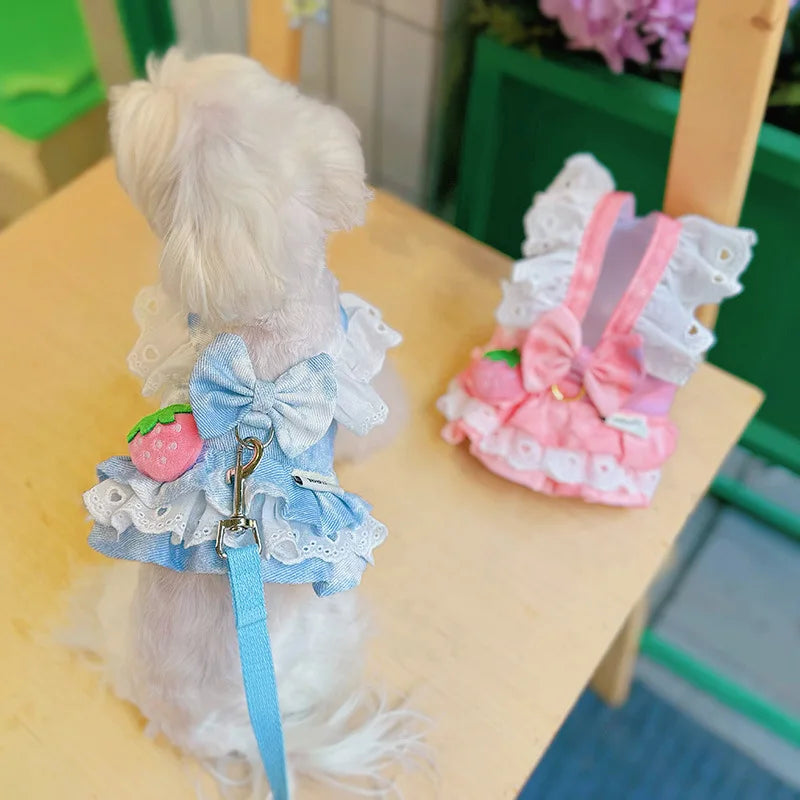 Strawberry Denim Pet Dog Accessory Pink Blue Dachshund Girl Boy Cute Doggie Harness Dress Apparel Outdoor Puppy Small Collar Cat