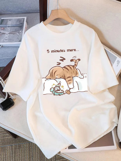 Patexy™ Women T-Shirt Cotton Summer the Cat That Always Wants to Sleep