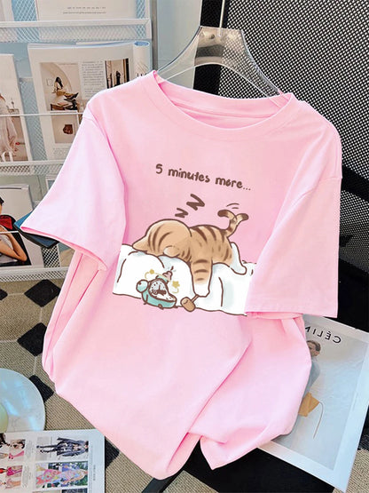 Patexy™ Women T-Shirt Cotton Summer the Cat That Always Wants to Sleep
