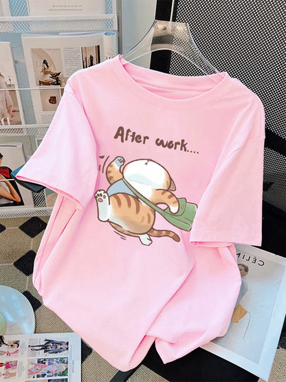 Patexy™ Women T-Shirt Cotton Summer the Cat That Always Wants to Sleep