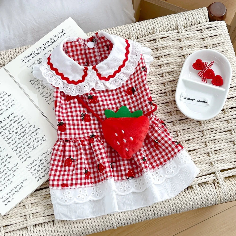 Patexy™Cute Strawberry Plaid Dog Dress – Summer Spring Girl Pet Apparel
